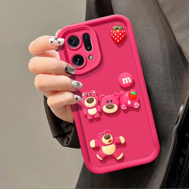 Fashionable Cute Strawberry Bear Silicone Phone Case For OPPO Find X5 Pro 6.7" inch Cartoon Protective Case