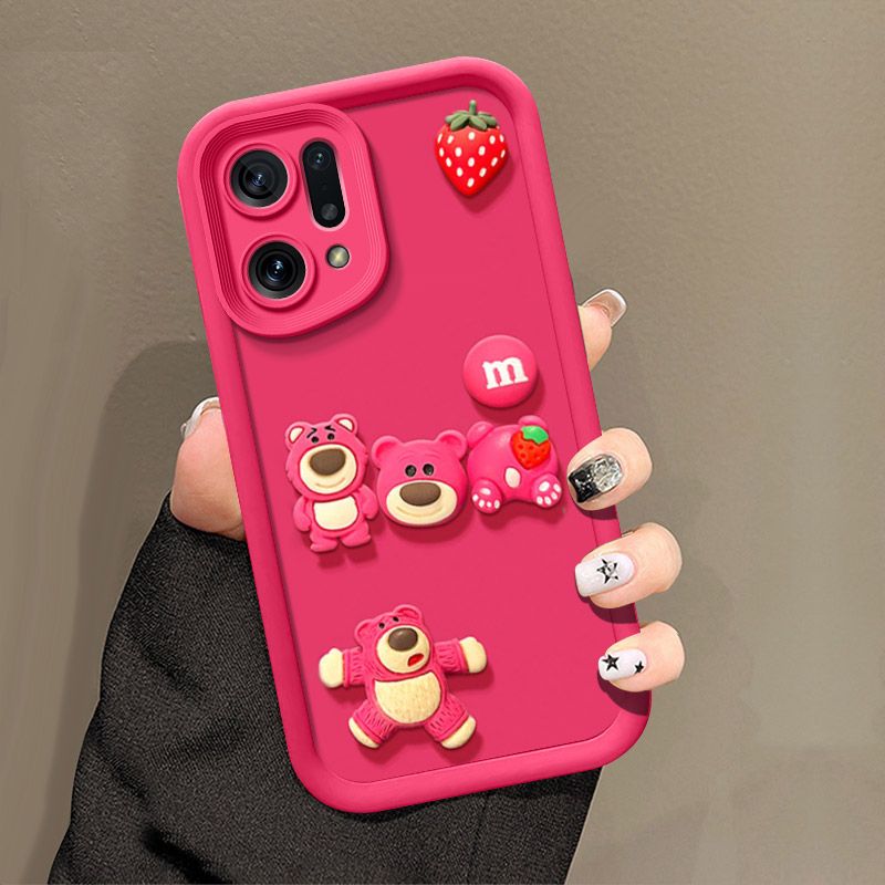 Fashionable Cute Strawberry Bear Silicone Phone Case For OPPO Find X5 Pro 6.7" inch Cartoon Protective Case