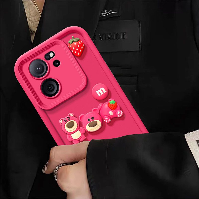 Fashionable Cute Strawberry Bear Silicone Phone Case For XiaoMi 13T 5G/Mi 13T Pro 5G Cartoon Protective Case