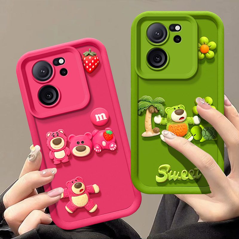 Fashionable Cute Strawberry Bear Silicone Phone Case For XiaoMi 13T 5G/Mi 13T Pro 5G Cartoon Protective Case