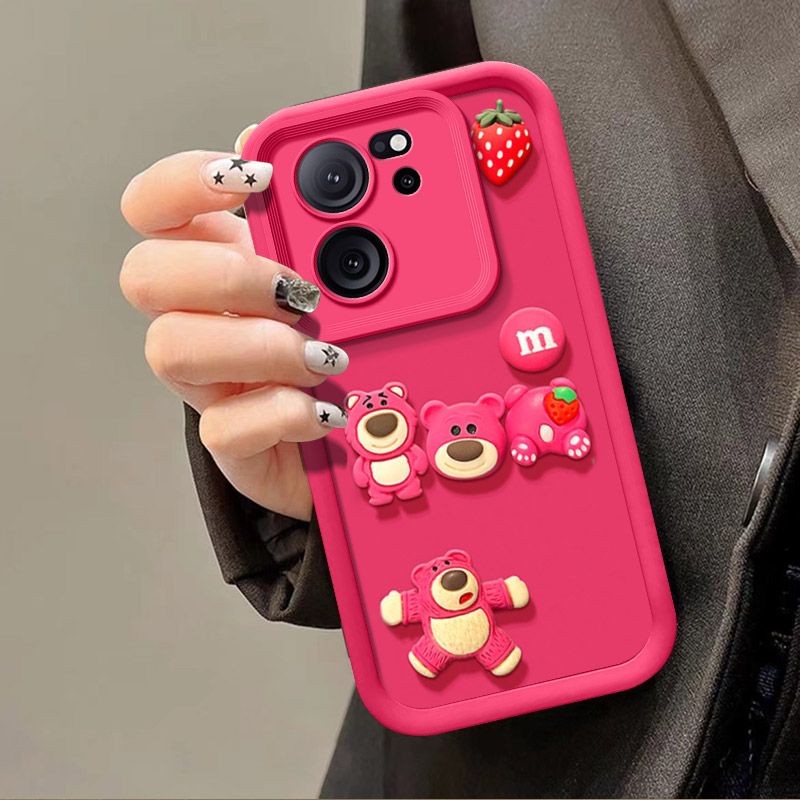 Fashionable Cute Strawberry Bear Silicone Phone Case For XiaoMi 13T 5G/Mi 13T Pro 5G Cartoon Protective Case