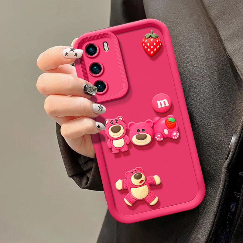 Fashionable Cute Strawberry Bear Silicone Phone Case For OPPO Reno 12 Pro 5G Cartoon Protective Case