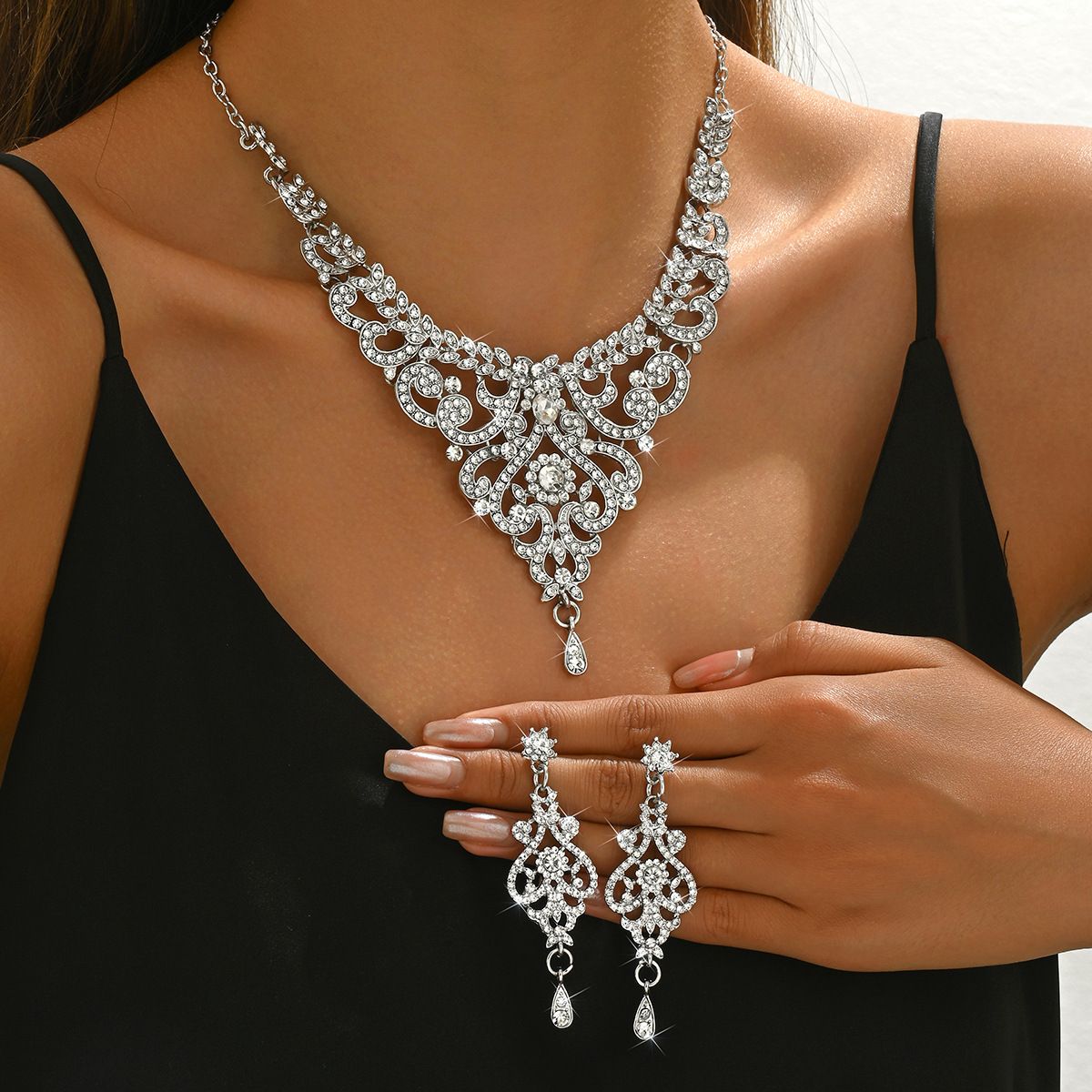 2 Sets Necklace Earrings Diamonds Jewellery High-end Wedding Evening Dress Accessories Two Piece Set