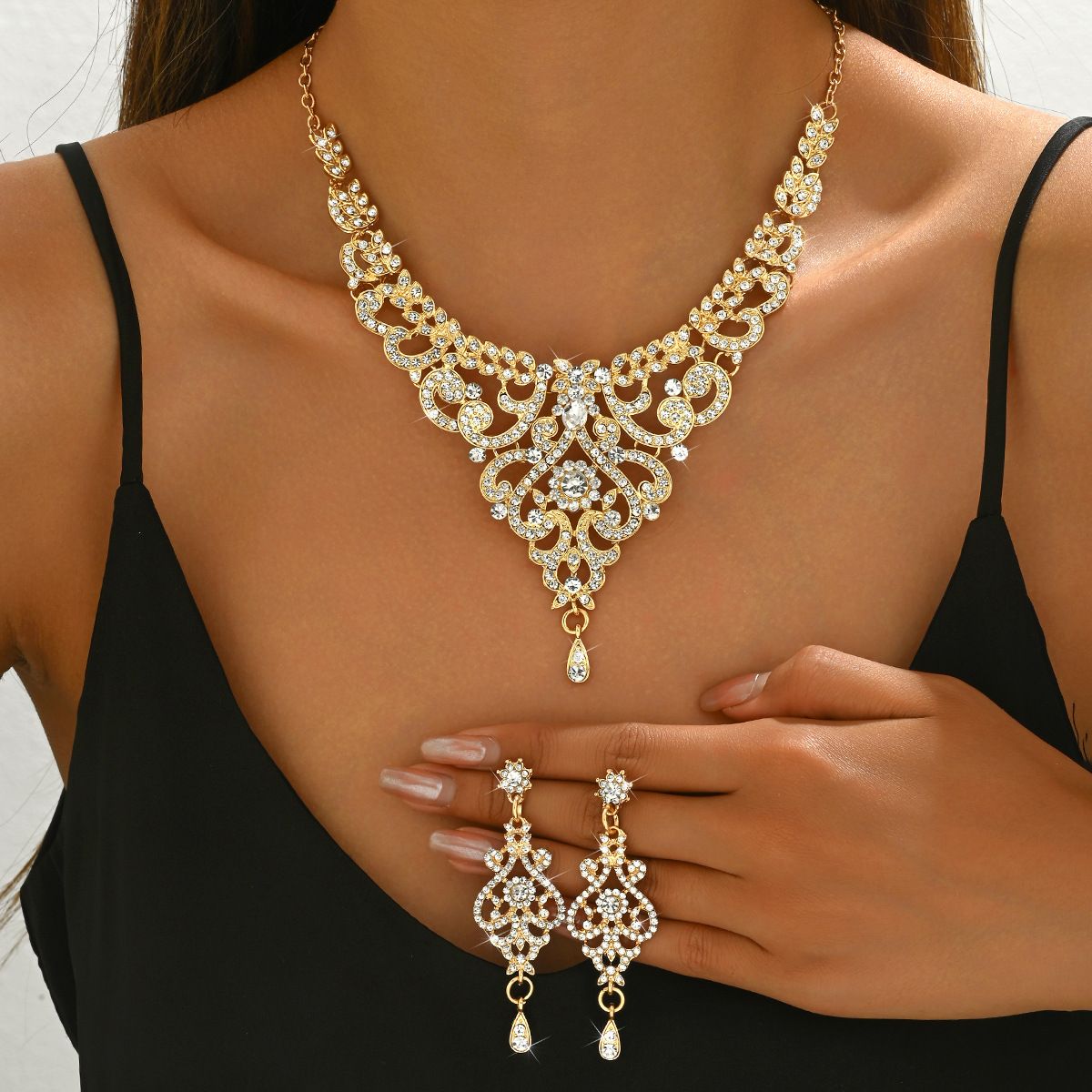 2 Sets Necklace Earrings Diamonds Jewellery High-end Wedding Evening Dress Accessories Two Piece Set