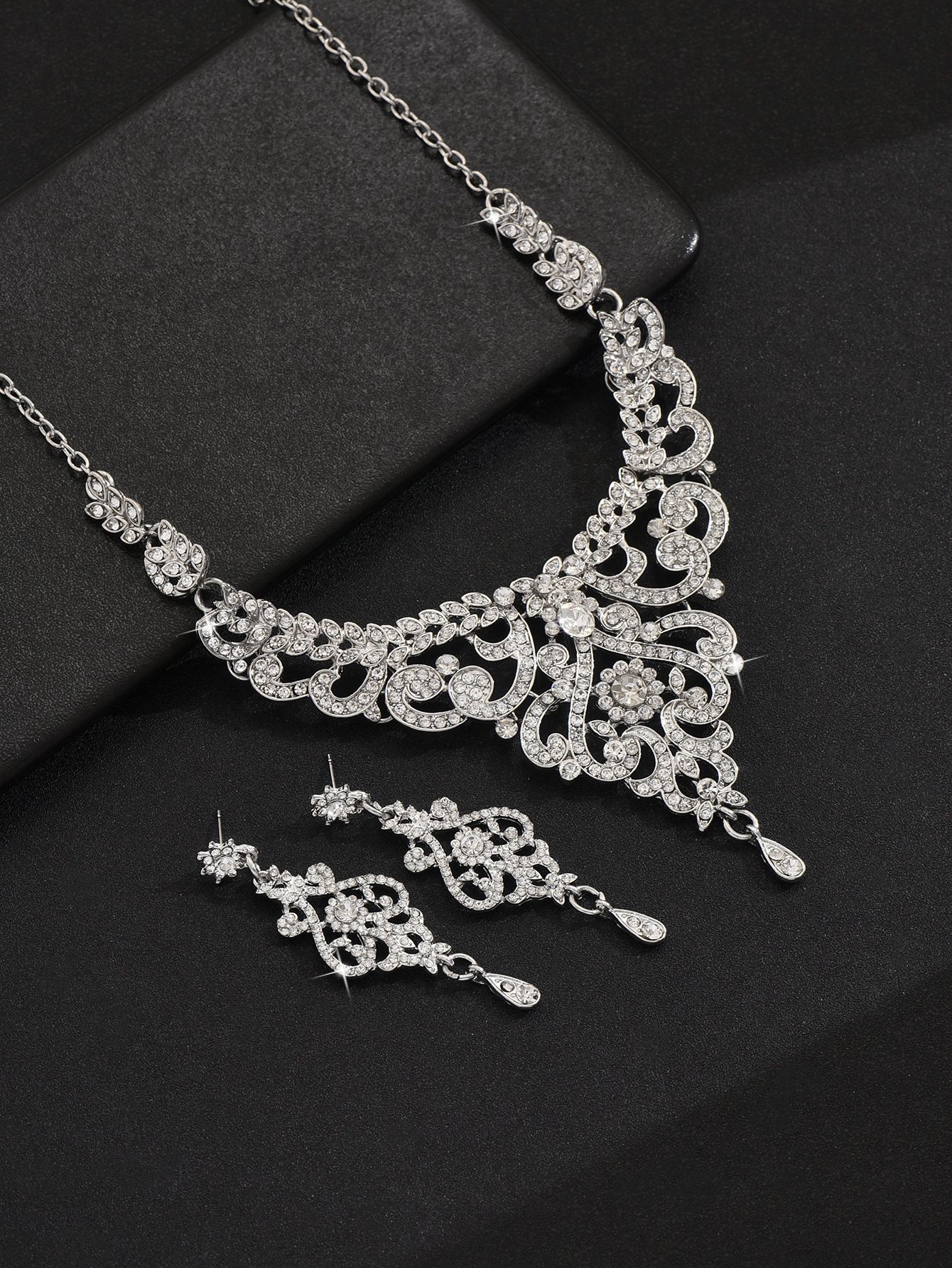 2 Sets Necklace Earrings Diamonds Jewellery High-end Wedding Evening Dress Accessories Two Piece Set