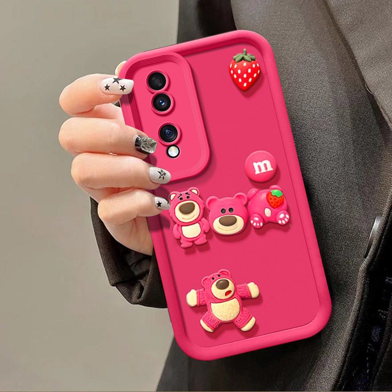 Fashionable Cute Strawberry Bear Silicone Phone Case For Honor 70 6.67" inch Cartoon Protective Case