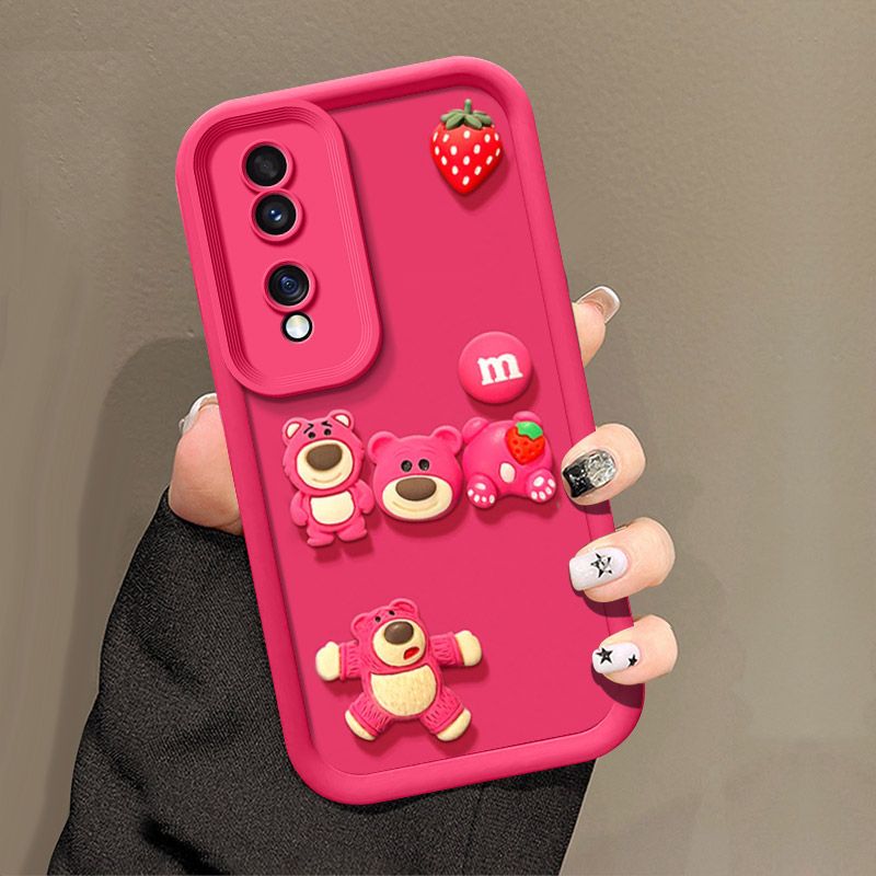 Fashionable Cute Strawberry Bear Silicone Phone Case For Honor 70 6.67" inch Cartoon Protective Case