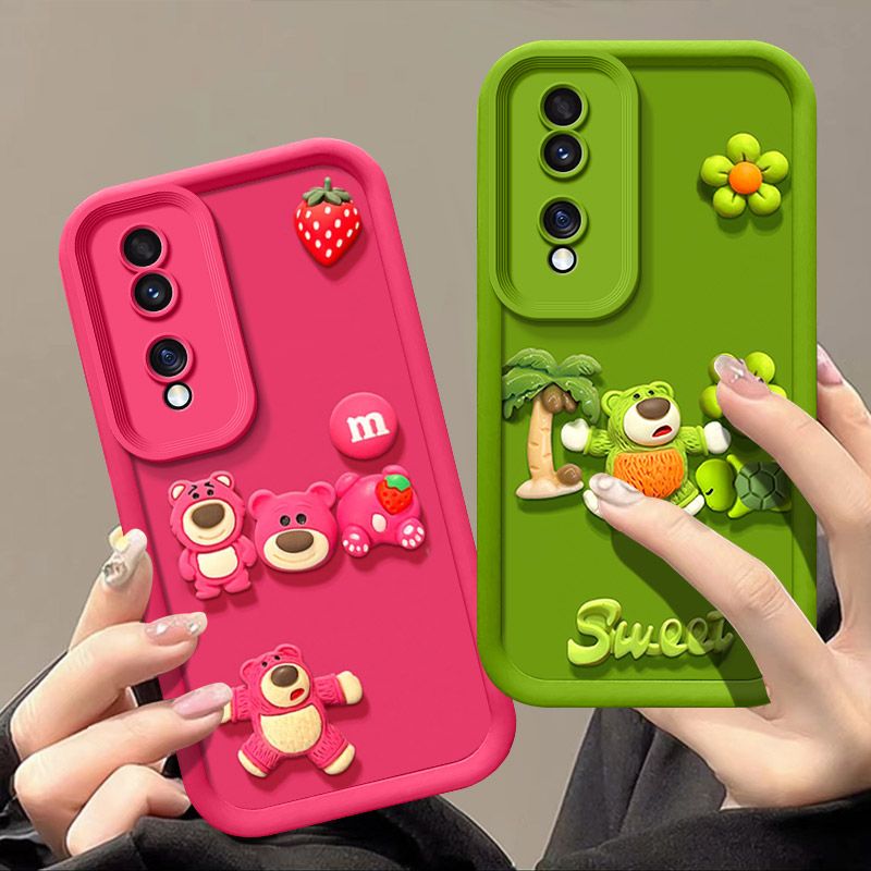 Fashionable Cute Strawberry Bear Silicone Phone Case For Honor 70 6.67" inch Cartoon Protective Case