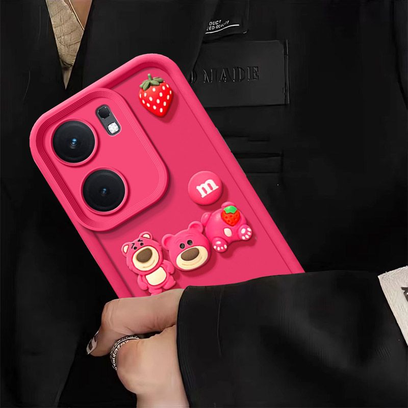 Fashionable Cute Strawberry Bear Silicone Phone Case For Xiaomi Redmi 13C/Poco C65 Cartoon Protective Case