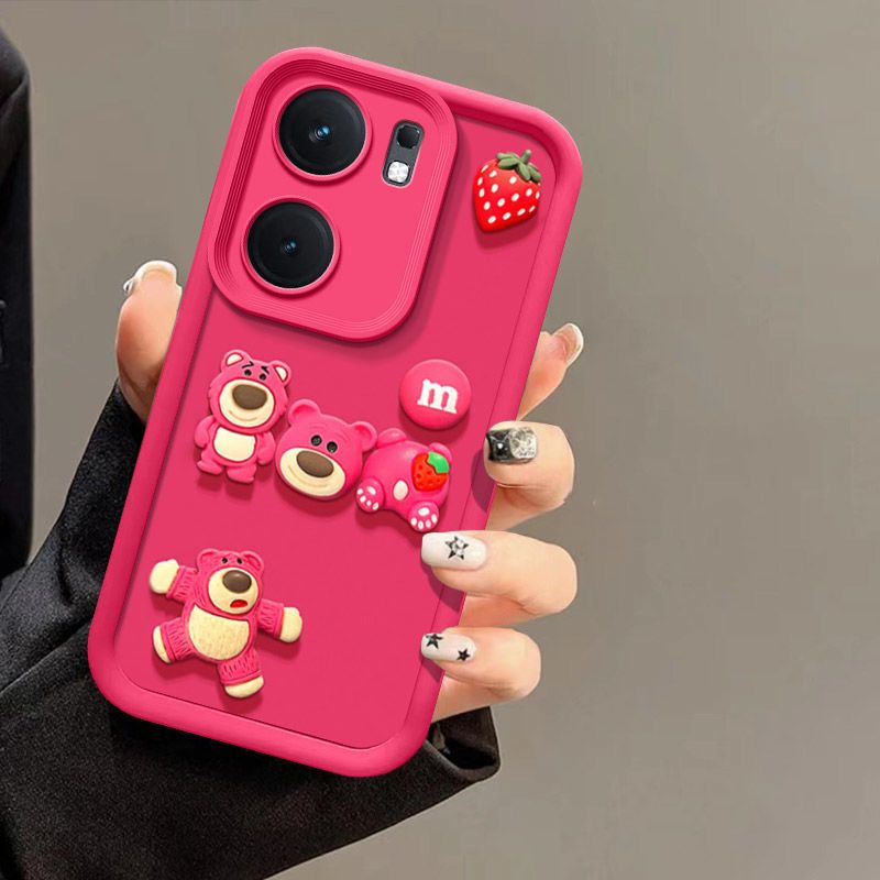 Fashionable Cute Strawberry Bear Silicone Phone Case For Xiaomi Redmi 13C/Poco C65 Cartoon Protective Case