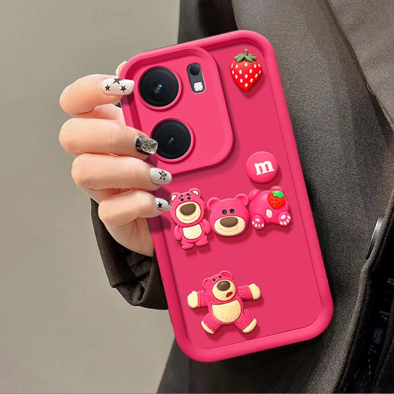 Fashionable Cute Strawberry Bear Silicone Phone Case For Xiaomi Redmi 13C/Poco C65 Cartoon Protective Case