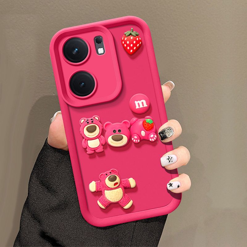 Fashionable Cute Strawberry Bear Silicone Phone Case For Xiaomi Redmi 13C/Poco C65 Cartoon Protective Case