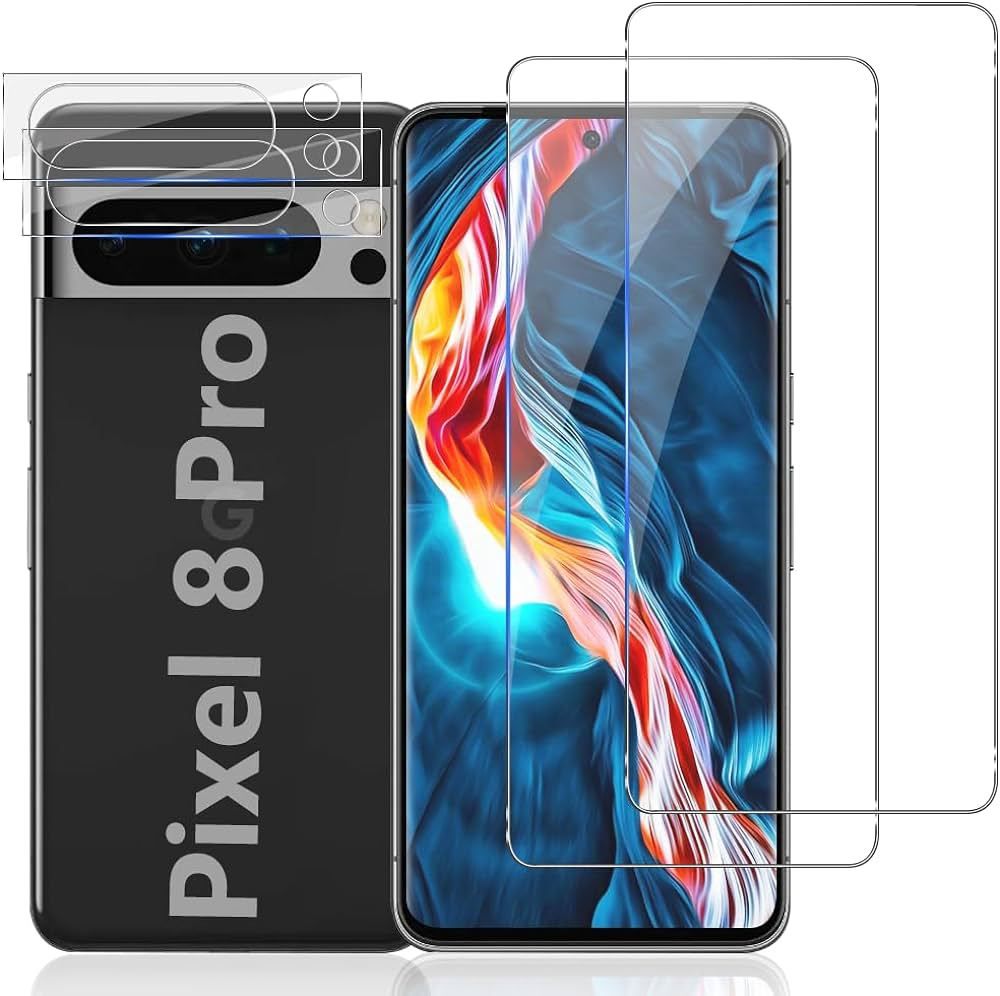 for Google Pixel 8 Pro Tempered Glass Screen Protector + Camera Lens Protector [ 2 + 2 Pcs ] [Fingerprint Unlocked] [Anti-scratch] [Case Friendly] Clear HD Protective Film