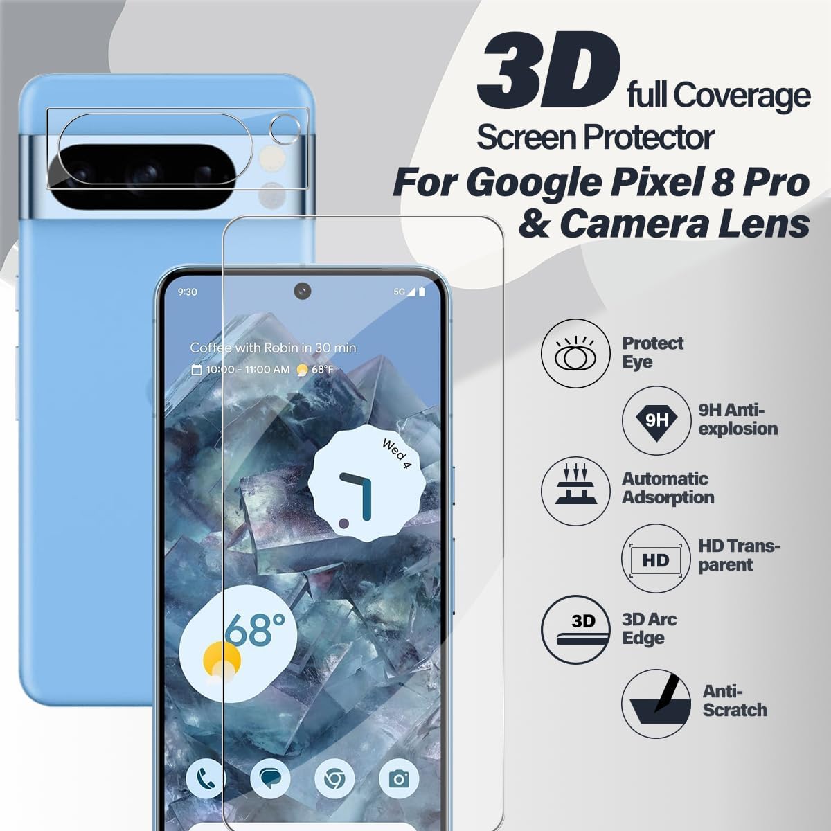 for Google Pixel 8 Pro Tempered Glass Screen Protector + Camera Lens Protector [ 2 + 2 Pcs ] [Fingerprint Unlocked] [Anti-scratch] [Case Friendly] Clear HD Protective Film