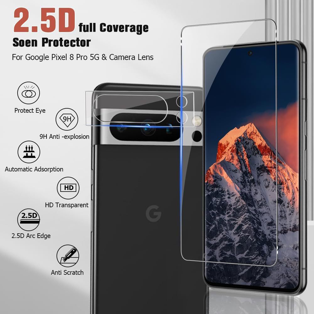 for Google Pixel 8 Pro Tempered Glass Screen Protector + Camera Lens Protector [ 2 + 2 Pcs ] [Fingerprint Unlocked] [Anti-scratch] [Case Friendly] Clear HD Protective Film
