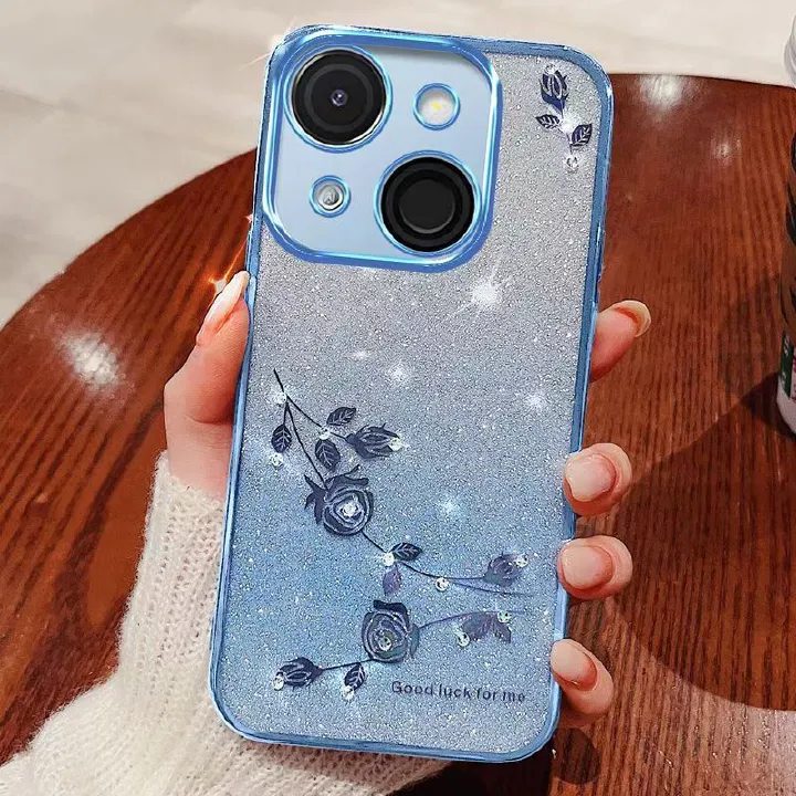 For itel A50C Phone Case Flash Women's and Girls Pink Flower Transparent Shock Protection Luxury Diamond Shining Phone Case Soft TPU