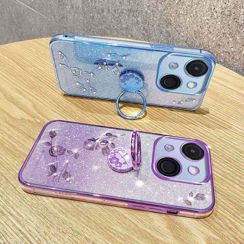 For itel A50C Phone Case Flash Women's and Girls Pink Flower Transparent Shock Protection Luxury Diamond Shining Phone Case Soft TPU