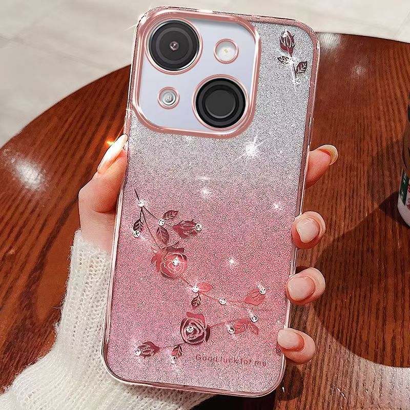 For itel A50C Phone Case Flash Women's and Girls Pink Flower Transparent Shock Protection Luxury Diamond Shining Phone Case Soft TPU