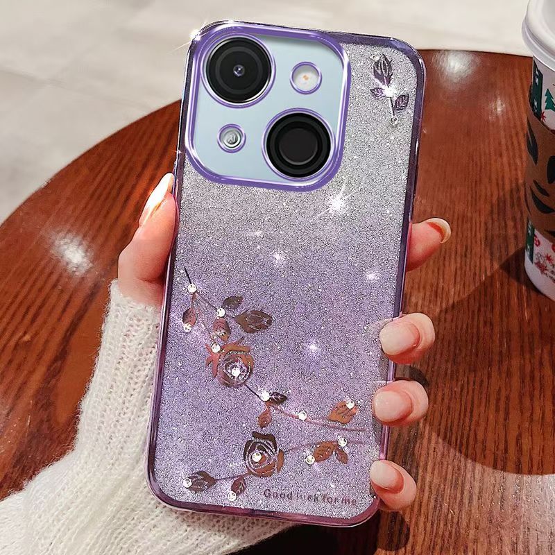 For itel A50C Phone Case Flash Women's and Girls Pink Flower Transparent Shock Protection Luxury Diamond Shining Phone Case Soft TPU