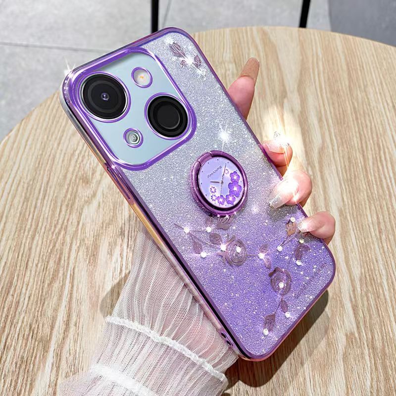 For itel A50C Phone Case Flash Women's and Girls Pink Flower Transparent Shock Protection Luxury Diamond Shining Phone Case Soft TPU