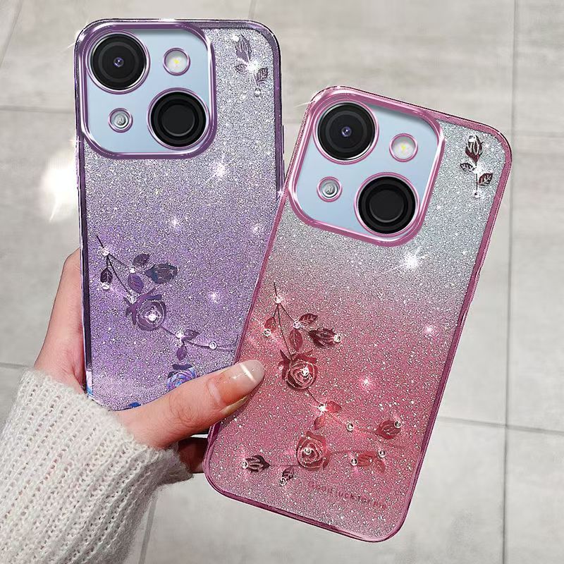 For itel A50C Phone Case Flash Women's and Girls Pink Flower Transparent Shock Protection Luxury Diamond Shining Phone Case Soft TPU