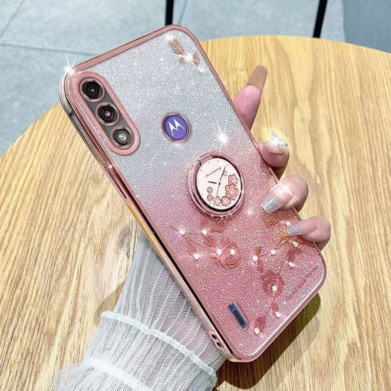 For Motorola Moto E7 Power / Phone Case Flash Women's and Girls Pink Flower Transparent Shock Protection Luxury Diamond Shining Phone Case Soft TPU
