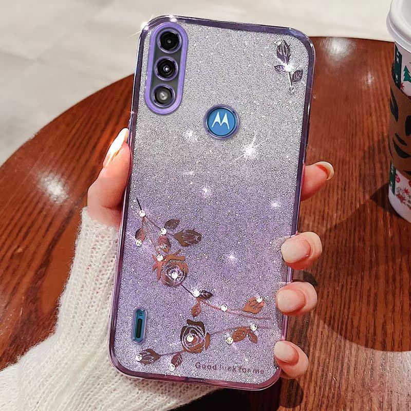 For Motorola Moto E7 Power / Phone Case Flash Women's and Girls Pink Flower Transparent Shock Protection Luxury Diamond Shining Phone Case Soft TPU
