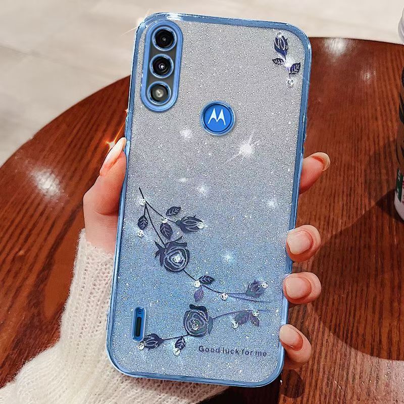 For Motorola Moto E7 Power / Phone Case Flash Women's and Girls Pink Flower Transparent Shock Protection Luxury Diamond Shining Phone Case Soft TPU
