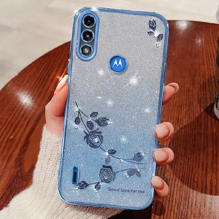For Motorola Moto E7 Power / Phone Case Flash Women's and Girls Pink Flower Transparent Shock Protection Luxury Diamond Shining Phone Case Soft TPU