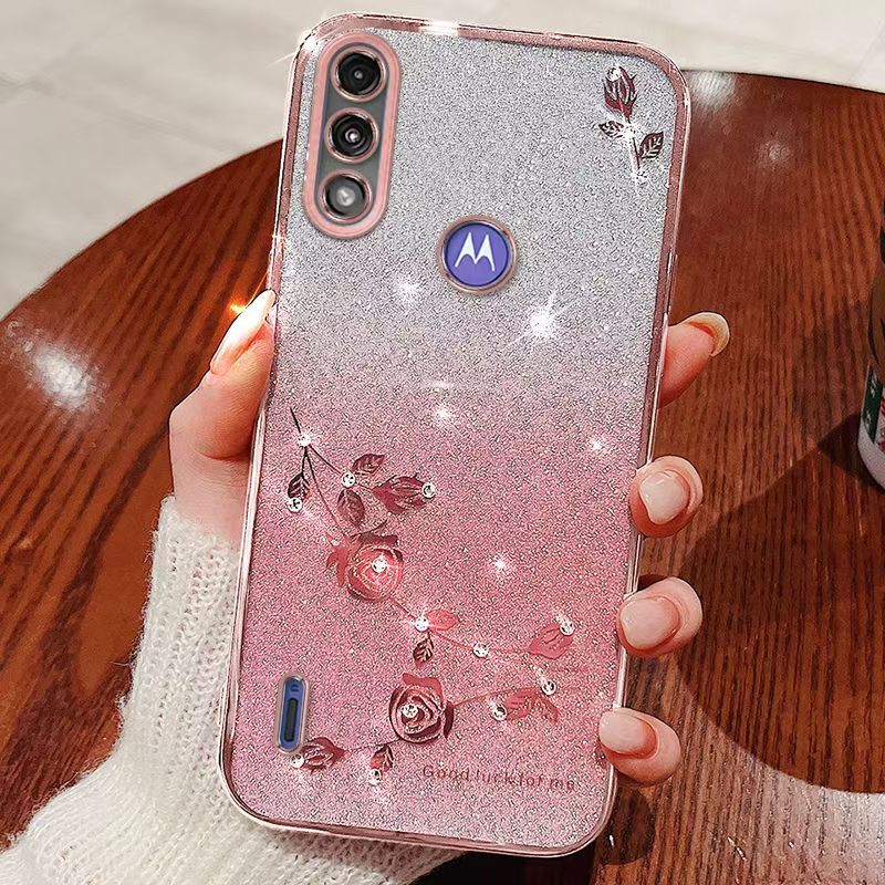 For Motorola Moto E7 Power / Phone Case Flash Women's and Girls Pink Flower Transparent Shock Protection Luxury Diamond Shining Phone Case Soft TPU
