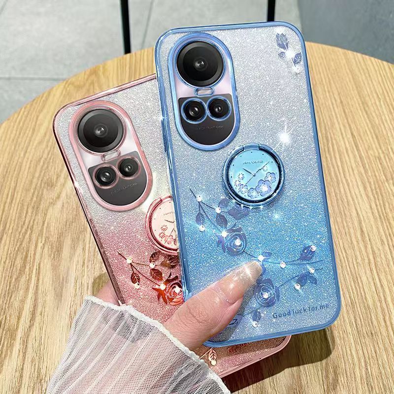 For OPPO Reno 10/Reno 10 Pro Phone Case Flash Women's and Girls Pink Flower Transparent Shock Protection Luxury Diamond Shining Phone Case Soft TPU