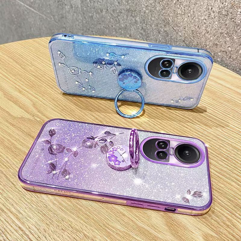 For OPPO Reno 10/Reno 10 Pro Phone Case Flash Women's and Girls Pink Flower Transparent Shock Protection Luxury Diamond Shining Phone Case Soft TPU