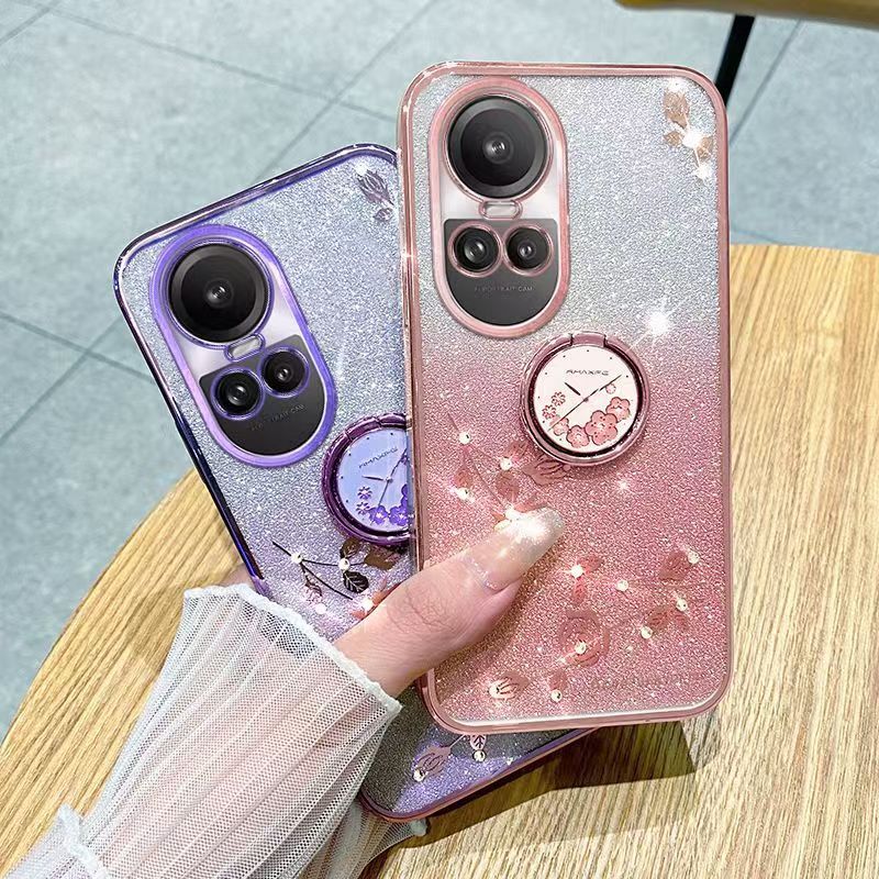 For OPPO Reno 10/Reno 10 Pro Phone Case Flash Women's and Girls Pink Flower Transparent Shock Protection Luxury Diamond Shining Phone Case Soft TPU