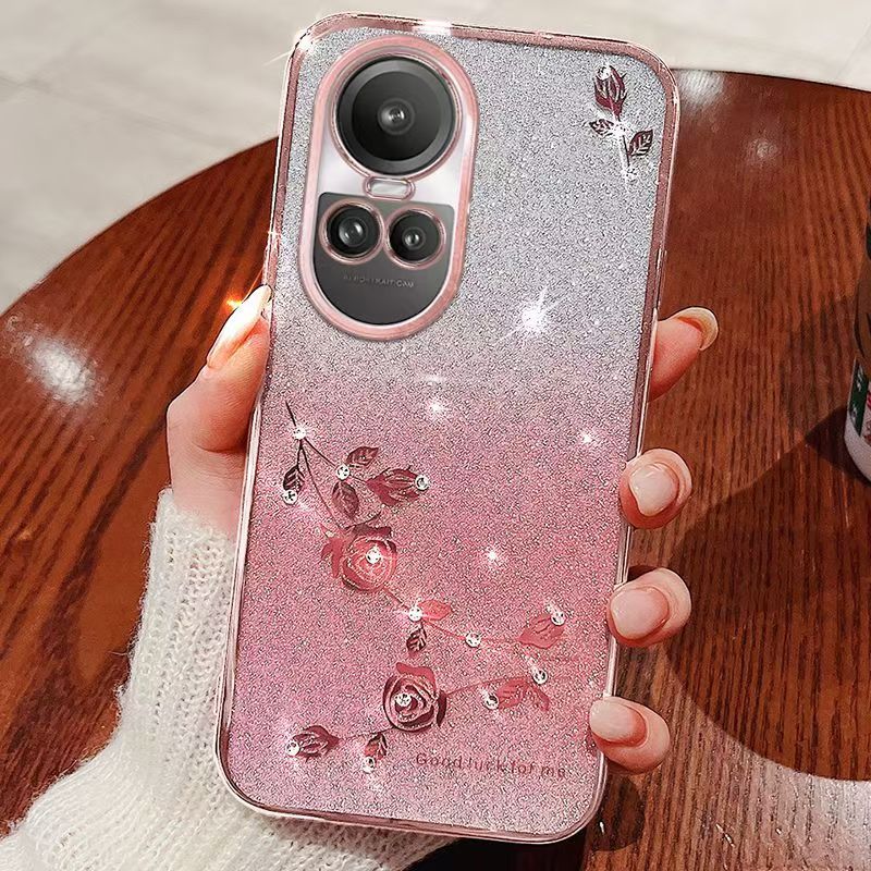 For OPPO Reno 10/Reno 10 Pro Phone Case Flash Women's and Girls Pink Flower Transparent Shock Protection Luxury Diamond Shining Phone Case Soft TPU