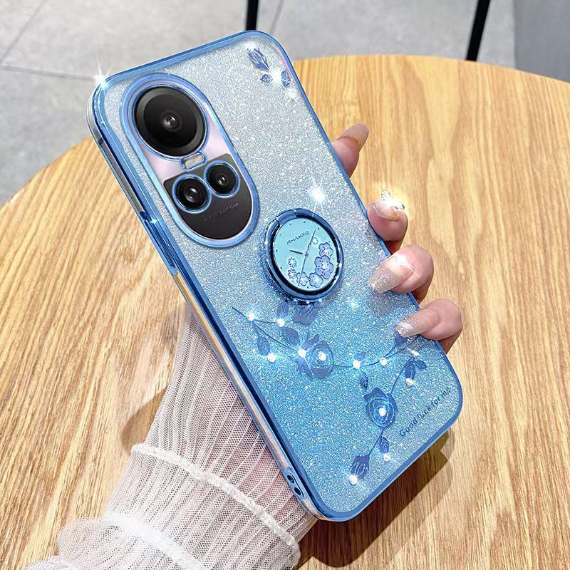 For OPPO Reno 10/Reno 10 Pro Phone Case Flash Women's and Girls Pink Flower Transparent Shock Protection Luxury Diamond Shining Phone Case Soft TPU