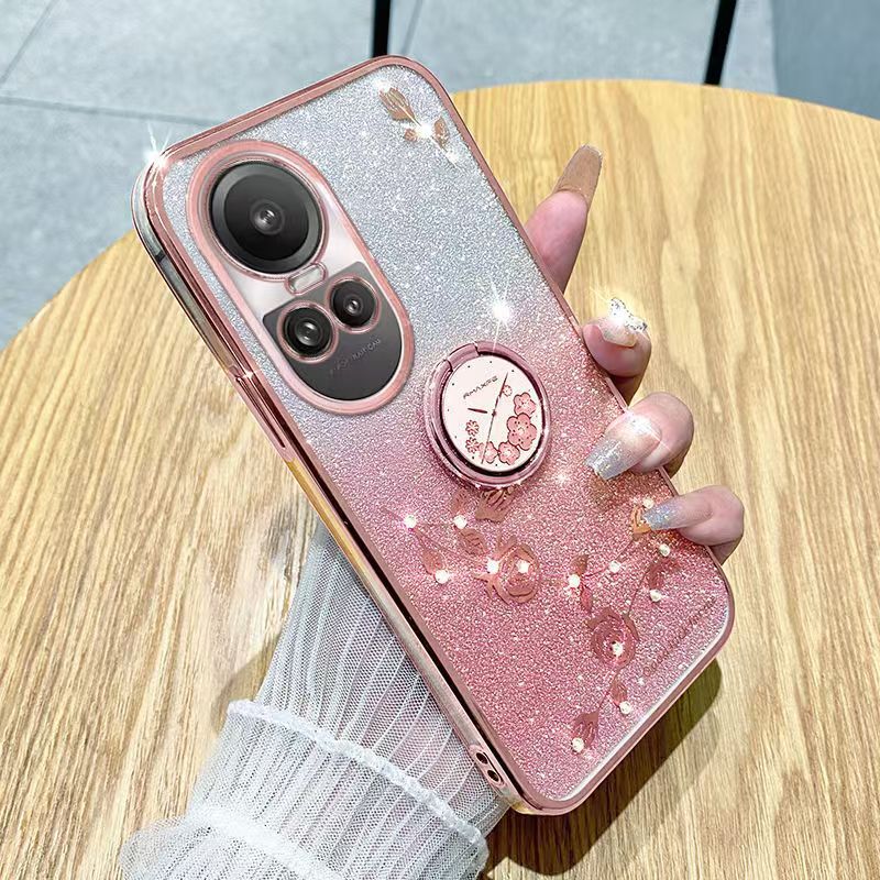 For OPPO Reno 10/Reno 10 Pro Phone Case Flash Women's and Girls Pink Flower Transparent Shock Protection Luxury Diamond Shining Phone Case Soft TPU