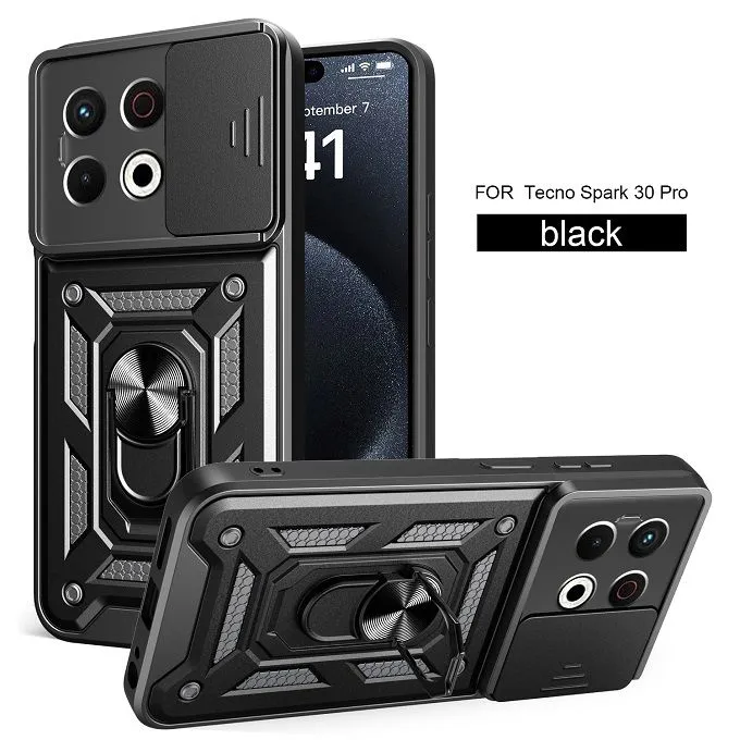 Luxury Slide Camera Lens Case For Tecno Spark 30 Pro 4G Shockproof Bumper Cover vehicle-mounted Magnetic Kickstand Cover