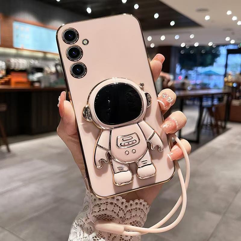 Phone Case for Samsung Galaxy M35 5G Case Silicone TPU Plating Cover Cute Astronaut Pattern Phone Case with Stand