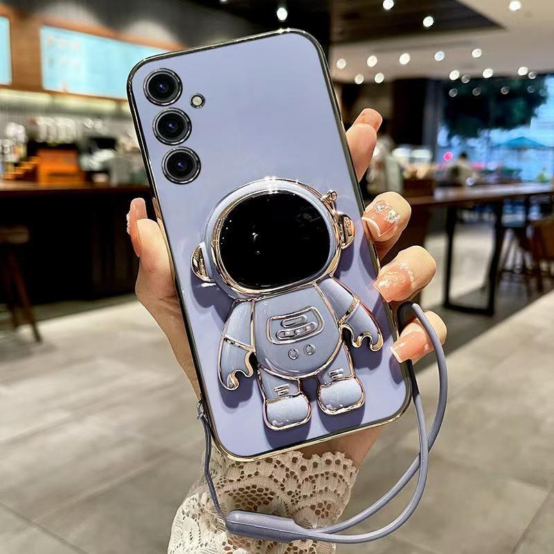 Phone Case for Samsung Galaxy M15 5G/F15 5G Case Silicone TPU Plating Cover Cute Astronaut Pattern Phone Case with Stand