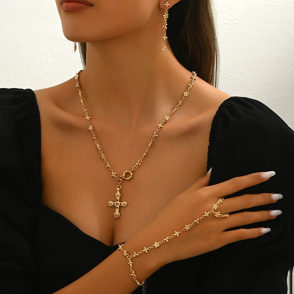 New Arrival - Fashion Women Necklace Earrings Jewellery Set Personalised Cross Gemstone Design Bracelet Versatile Necklace