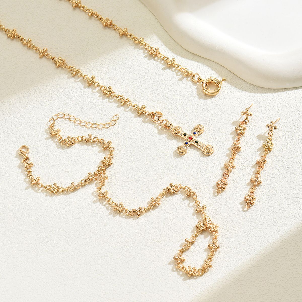 New Arrival - Fashion Women Necklace Earrings Jewellery Set Personalised Cross Gemstone Design Bracelet Versatile Necklace