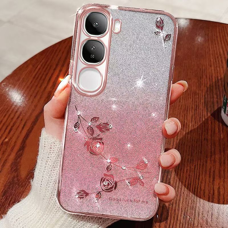 Phone Case For Vivo V40 Lite 6.67" inch / Flash Women's and Girls Pink Flower Transparent Shock Protection Luxury Diamond Shining Phone Case Soft TPU