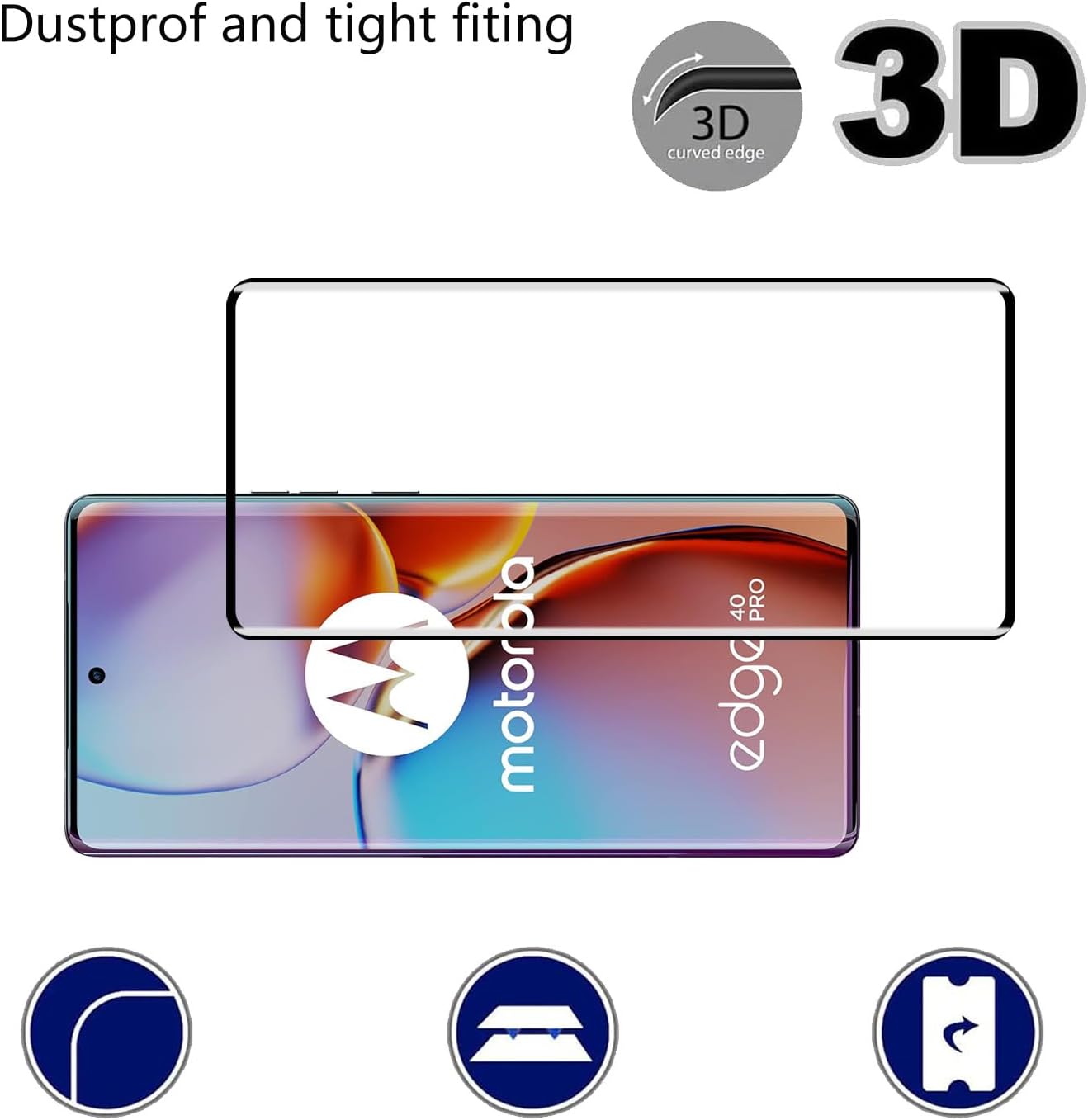 [2 pcs Tempered Glass Screen Protector for Motorola Moto Edge 40 Pro,3D Curved,9H Hardness,Anti-scratch,HD Transparent