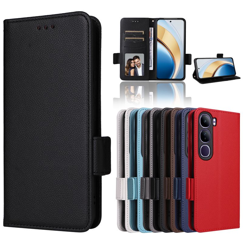 Wallet Flip Cover for Vivo V40 Lite Case Lychee Pattern Leather Magnetic Flip Folio Stand Phone Cover with Card Holder