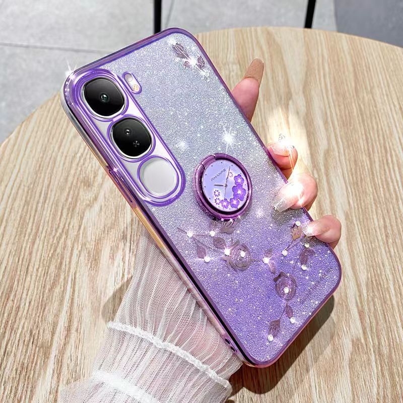 Phone Case For Vivo Y19s 6.68" inch/ Flash Women's and Girls Pink Flower Transparent Shock Protection Luxury Diamond Shining Phone Case Soft TPU