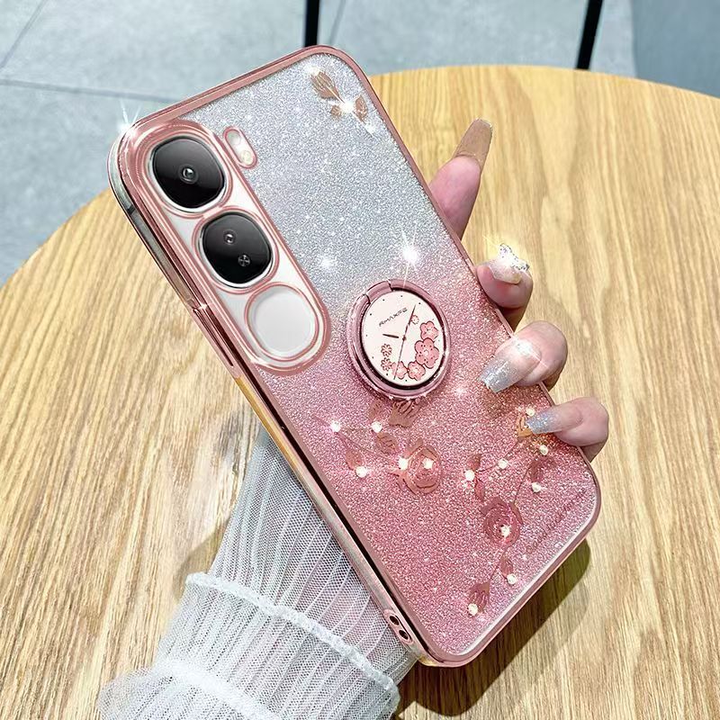 Phone Case For Vivo Y19s 6.68" inch/ Flash Women's and Girls Pink Flower Transparent Shock Protection Luxury Diamond Shining Phone Case Soft TPU