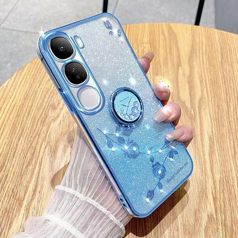 Phone Case For Vivo Y19s 6.68" inch/ Flash Women's and Girls Pink Flower Transparent Shock Protection Luxury Diamond Shining Phone Case Soft TPU
