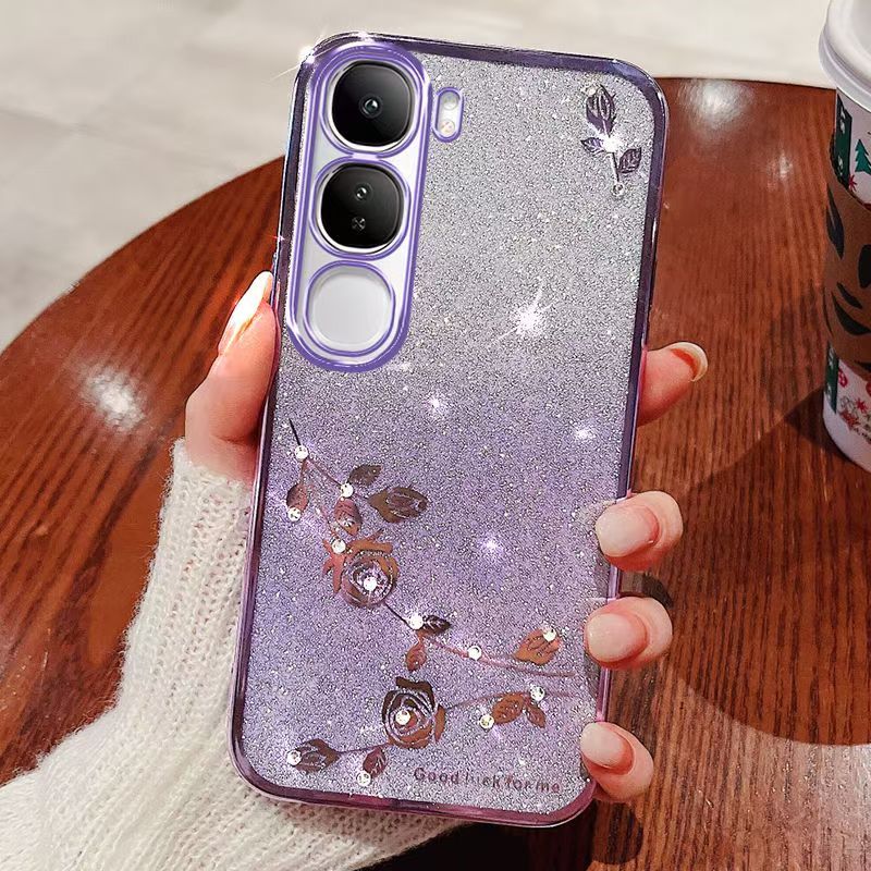 Phone Case For Vivo Y19s 6.68" inch/ Flash Women's and Girls Pink Flower Transparent Shock Protection Luxury Diamond Shining Phone Case Soft TPU