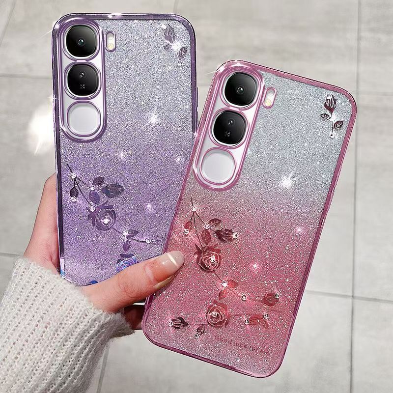 Phone Case For Vivo Y19s 6.68" inch/ Flash Women's and Girls Pink Flower Transparent Shock Protection Luxury Diamond Shining Phone Case Soft TPU