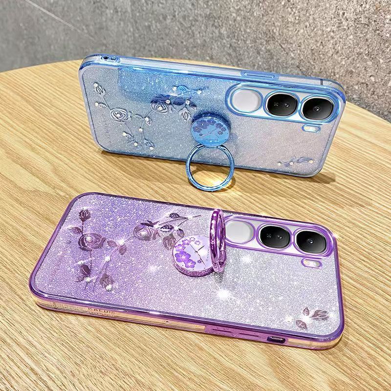 Phone Case For Vivo Y19s 6.68" inch/ Flash Women's and Girls Pink Flower Transparent Shock Protection Luxury Diamond Shining Phone Case Soft TPU